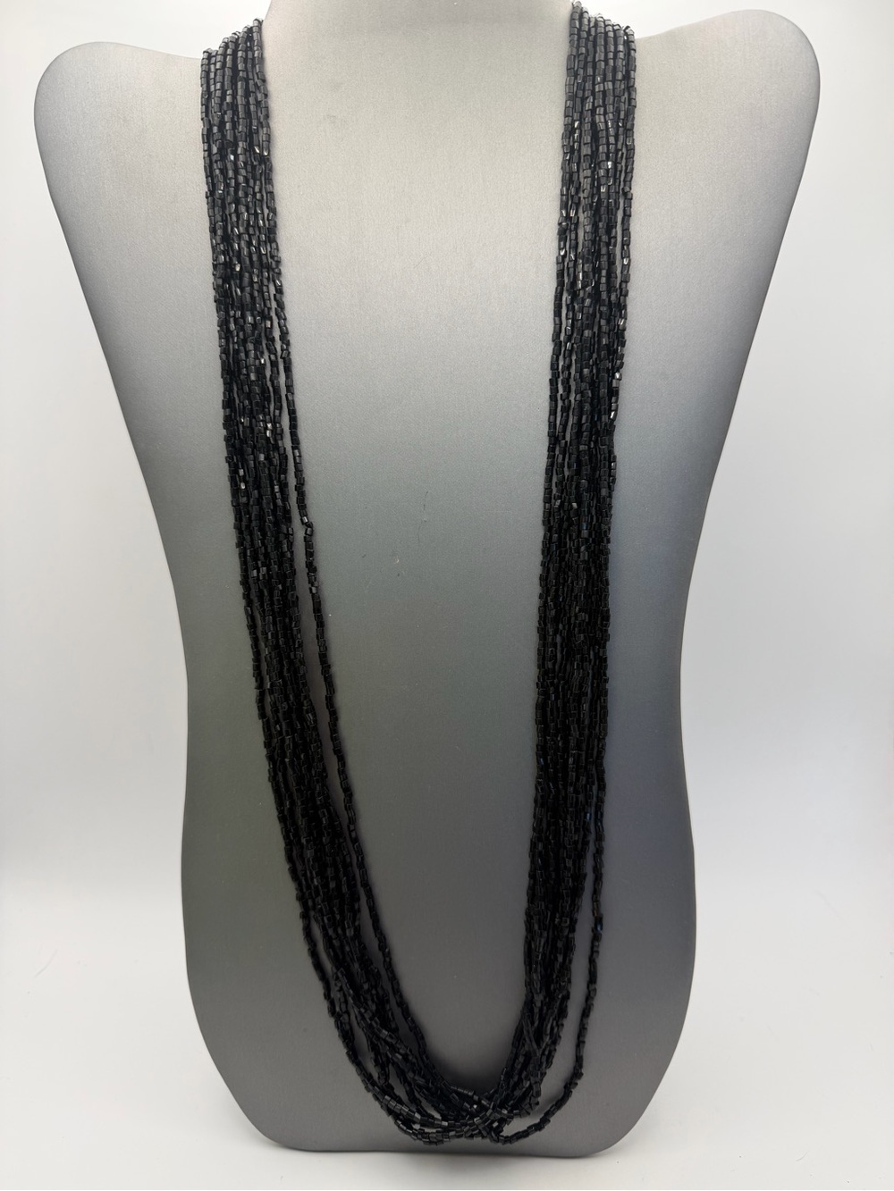 Multi-Strand Black Glass Seed Bead Necklace 28” Vintage Tulip Cap